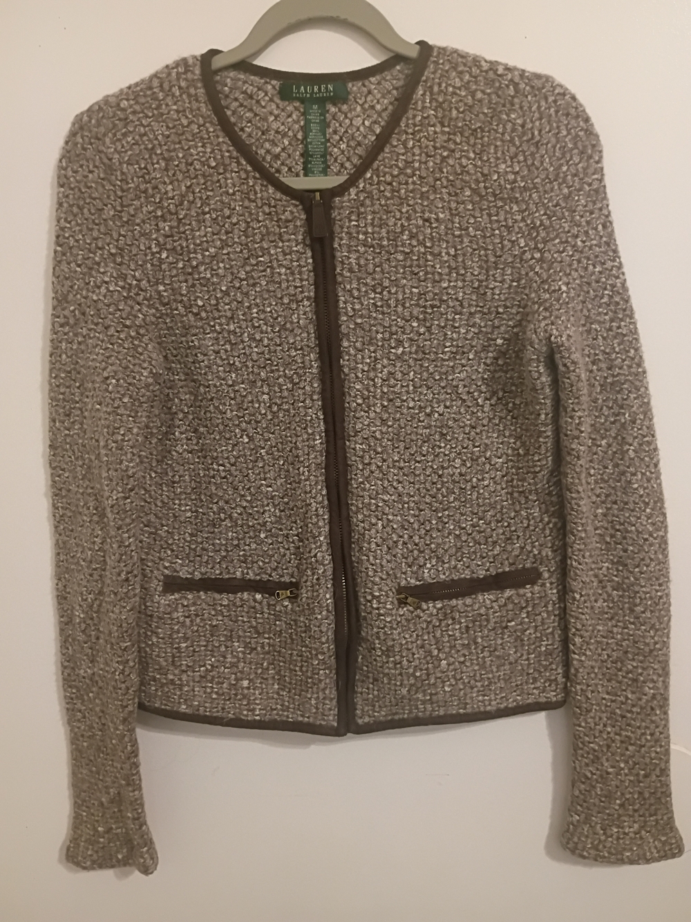 Lauren Ralph Lauren Taupe Bouclé Zip-Front Cardigan Sz Wool Blend Sz M